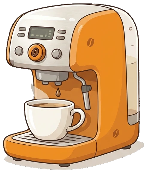 Illustrierte Kaffeemaschine mit dampfender Tasse
